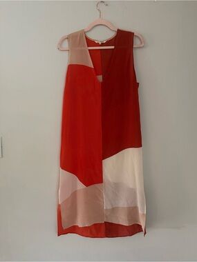 Ali Golden 100% Raw Silk Colorblock Midi Dress Size S